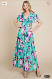 LD-F {Mellow Moment} Emerald Floral Smocked Maxi Dress PLUS SIZE 1X 2X 3X