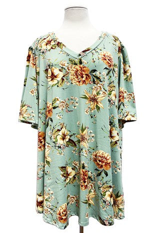 91 PSS {My Mint Garden} Mint/Yellow Floral V-Neck Top EXTENDED PLUS SIZE 3X 4X 5X