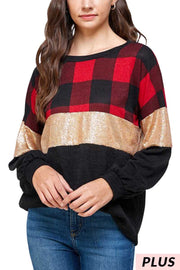 21 CP-P {Call You Soon} Red Black Plaid  Contrast Top PLUS SIZE XL 2X 3X
