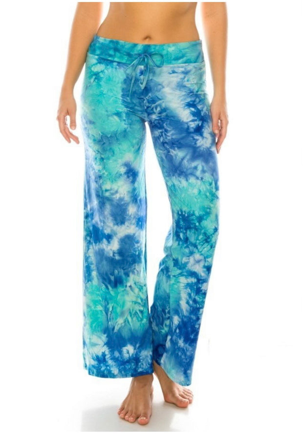 BIN-98 (Happiness In The Tye) Aqua Butter-Soft Wid Leg Pants Plus Size 1X 2X 3X