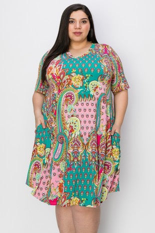 73 PSS-D {Make Heads Turn} Multi-Color Print V-Neck Dress EXTENDED PLUS SIZE 3X 4X 5X