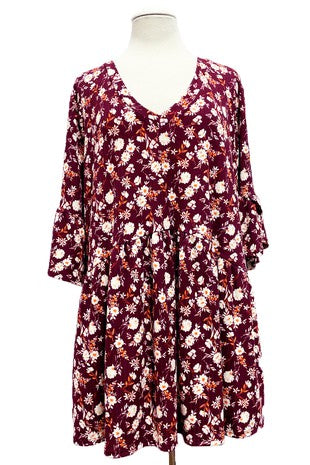 51 PSS {My Calling Card} Burgundy Floral Babydoll Tunic PLUS SIZE XL 2X 3X 4X 5X