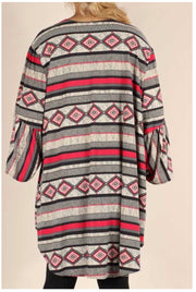 OT-C {Fall In Line} Black, Grey, Red Printed  Bell Sleeve Cardigan   PLUS SIZE 1X 2X 3X