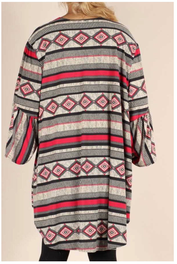 OT-C {Fall In Line} Black, Grey, Red Printed  Bell Sleeve Cardigan   PLUS SIZE 1X 2X 3X