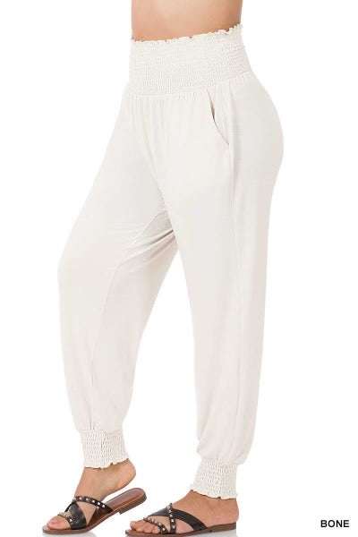 LEG-41 {Going Anywhere} Bone Smocked Cuff Jogging Pants PLUS SIZE 1X 2X