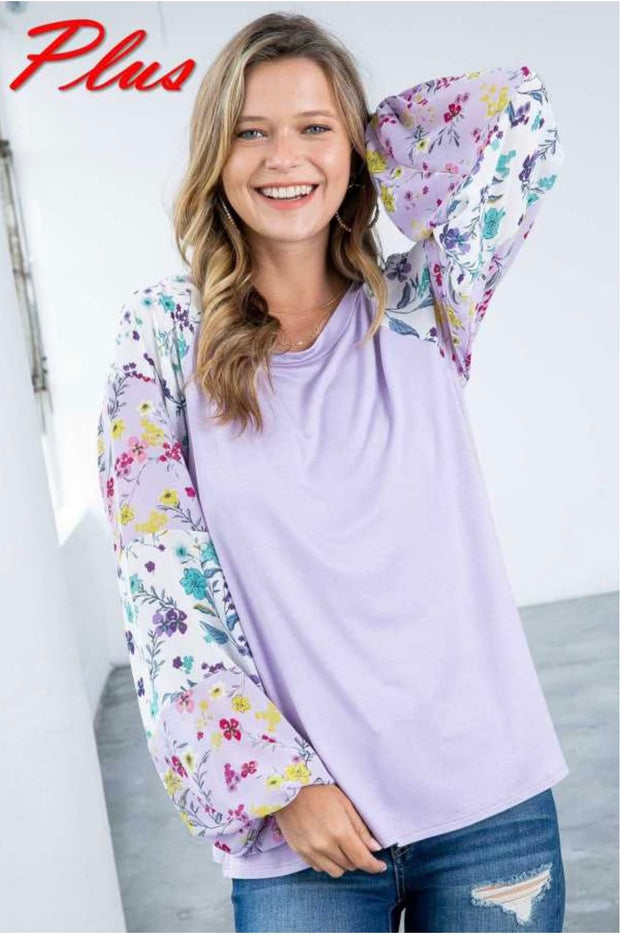 90 CP-C {Lilac Fields} Lilac Top W/Floral Sleeves PLUS SIZE 1X 2X 3X SALE!!!