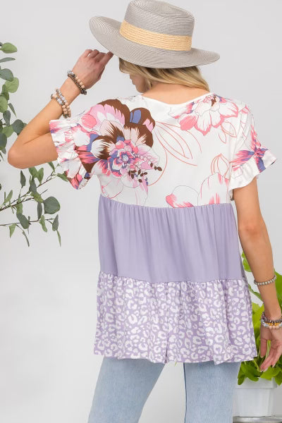 76 CP-B {Lift Your Spirits} Lilac Floral Tiered Top PLUS SIZE 1X 2X 3X