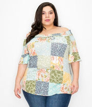 52 PSS-A {Anticipating Love} Multi-Color Print Smocked Neck Top PLUS SIZE XL 2X 3X