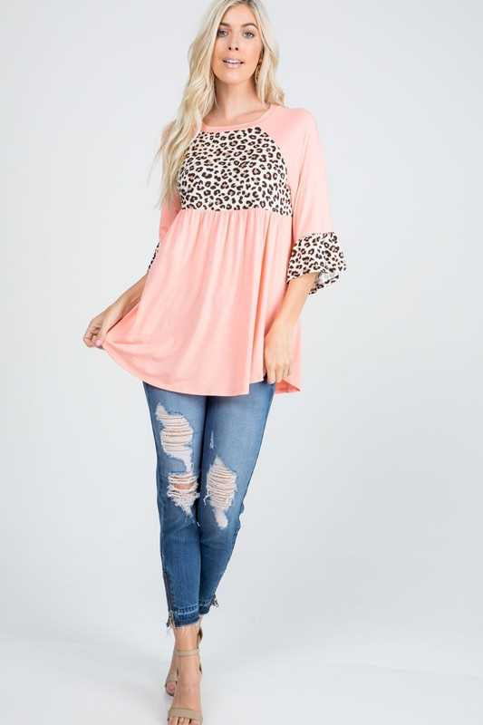 89 CP-B {About The Attention} Peach Leopard Print Top PLUS SIZE XL 2X 3X