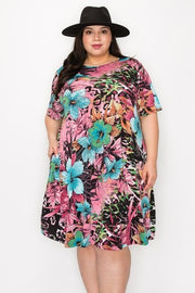 51 PSS-K {More Than Fashion} Pink Floral Dress w/Pockets EXTENDED PLUS SIZE 3X 4X 5X