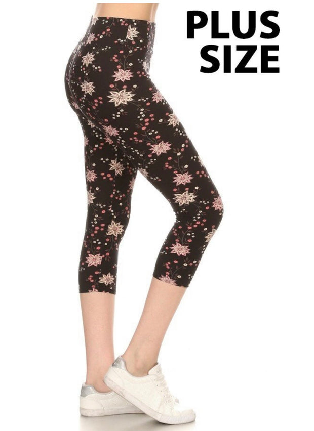 LEG-W {MVP Moves} Black Pink Floral Butter Soft Capri Plus Size