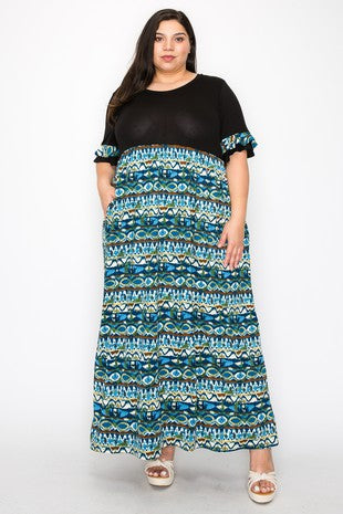 LD-D {Positive Affirmation} Black/Blue Print Maxi Dress EXTENDED PLUS SIZE 3X 4X 5X