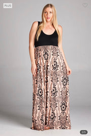 LD-Q {Queen Of The Ball} Black/Peach Print Maxi Dress PLUS SIZE 1X 2X 3X