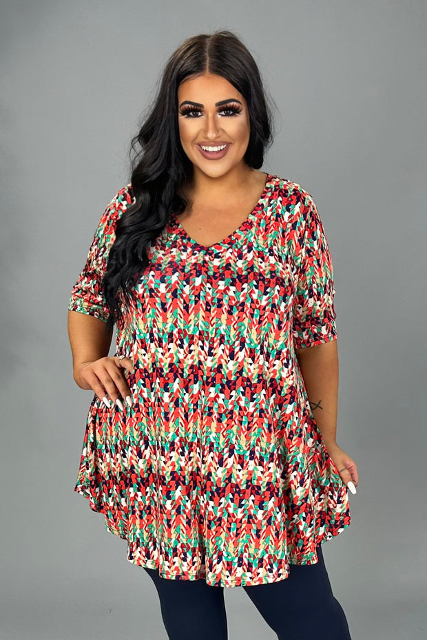 68 PSS {Swept Off Your Feet} Coral/Multi-Color Print V-Neck Top EXTENDED PLUS SIZE 3X 4X 5X