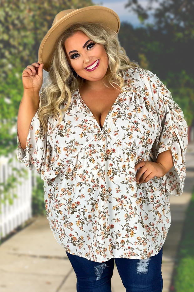 76 PSS-E {Golden Roses} Ivory Floral Top PLUS SIZE 1X 2X 3X