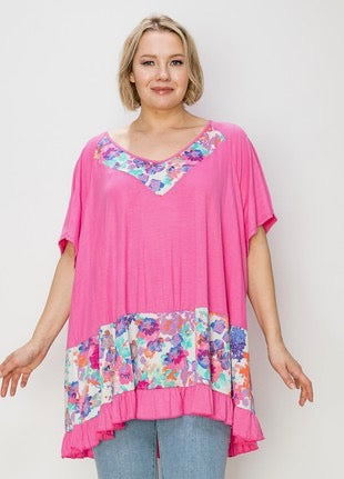 18 CP-G {Trusting Your Love} Pink V-Neck Tunic w/Floral Contrast CURVY BRAND!!!  EXTENDED PLUS SIZE 4X 5X 6X