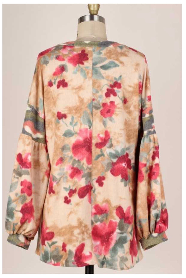 CP-L {Love So Sweet} Taupe Rose Floral Soft Knit Top PLUS SIZE XL 2X 3X