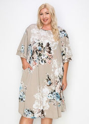 80 PSS-B {Delicate Garden} Taupe Floral Dress w/Pockets EXTENDED PLUS SIZE 3X 4X 5X
