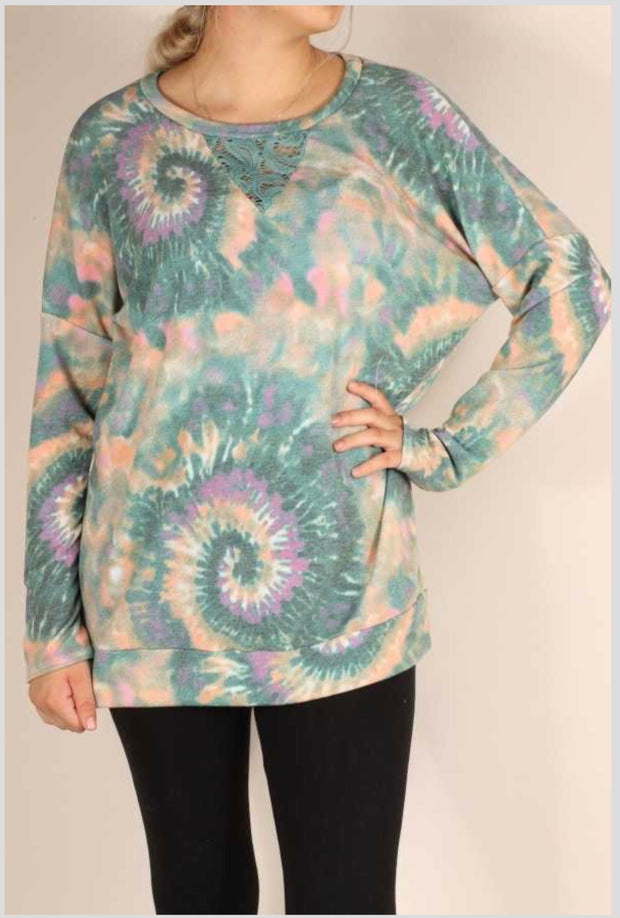 CP-B {Too Cool For You} ***FLASH SALE***Teal, Tan, Purple Tie Dye Lace Detail Top PLUS SIZE XL 2X 3X