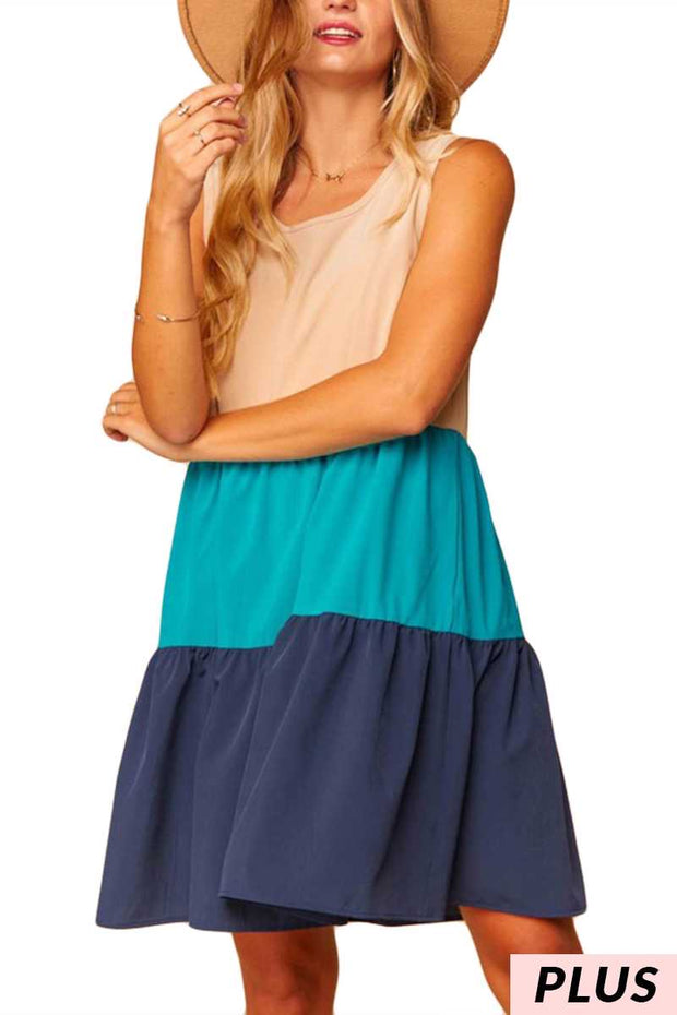 77 SV-F {Pretty and Poised} Tan/Teal,Navy Babydoll Tunic PLUS SIZE 1X 2X 3X