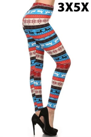LEG-66 {Warm Wishes} Blue Reindeer Print Leggings EXTENDED PLUS SIZE 3X/5X