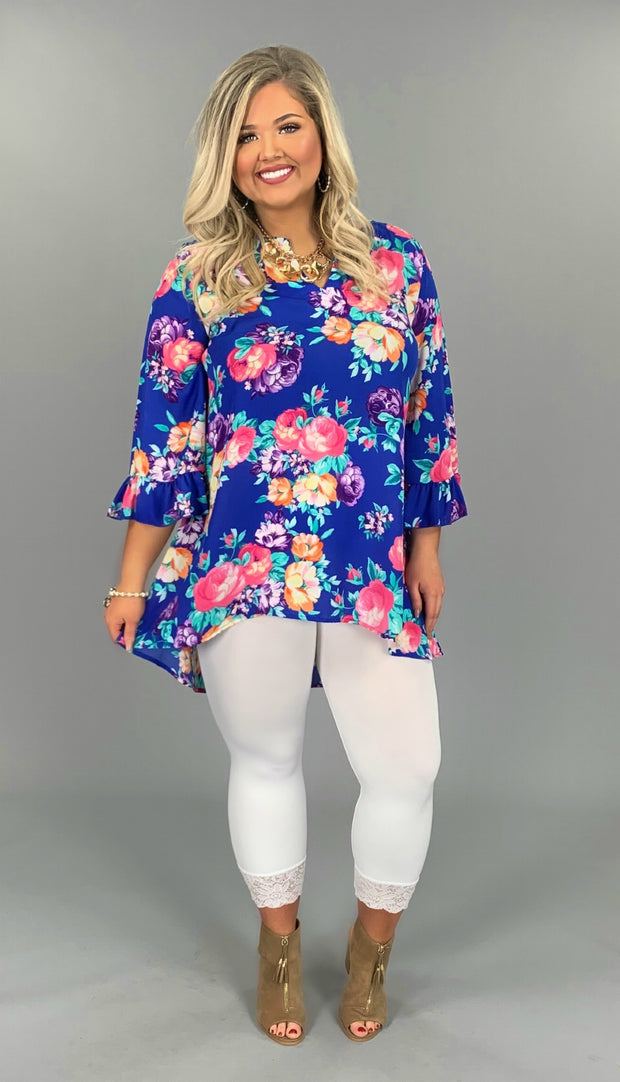 PQ-Z {Audience For You} Blue Floral V-Neck Bell Sleeve Tunic
