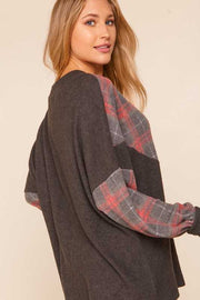 45 CP-E {Wish I Could} Charcoal Plaid Fleece Bubble Sleeve Tunic Plus Size 1X 2X 3X