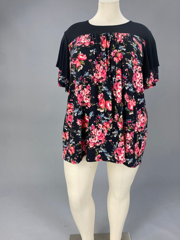 68 CP {Country Rose} Black/Pink Floral Print Top EXTENDED PLUS SIZE 3X 4X 5X
