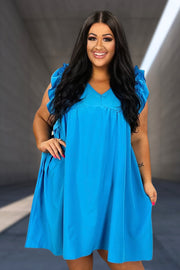 38 SSS-L {Long Lost Love}  Blue V-Neck Babydoll Dress PLUS SIZE XL 2X 3X