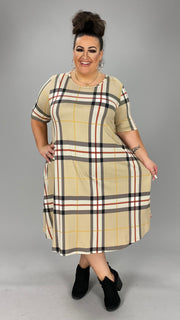 97 PSS-T {Whole Lot Of History} Taupe Plaid Print Dress PLUS SIZE 1X 2X 3X