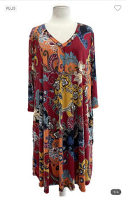 53 PQ-A {Smitten By You} Wine Print V-Neck Dress SALE!!!!  EXTENDED PLUS SIZE 3X 4X 5X