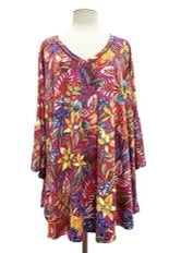 33 PQ-B {Dazzle The Room} Fuchsia Floral V-Neck Top EXTENDED PLUS SIZE 3X 4X 5X