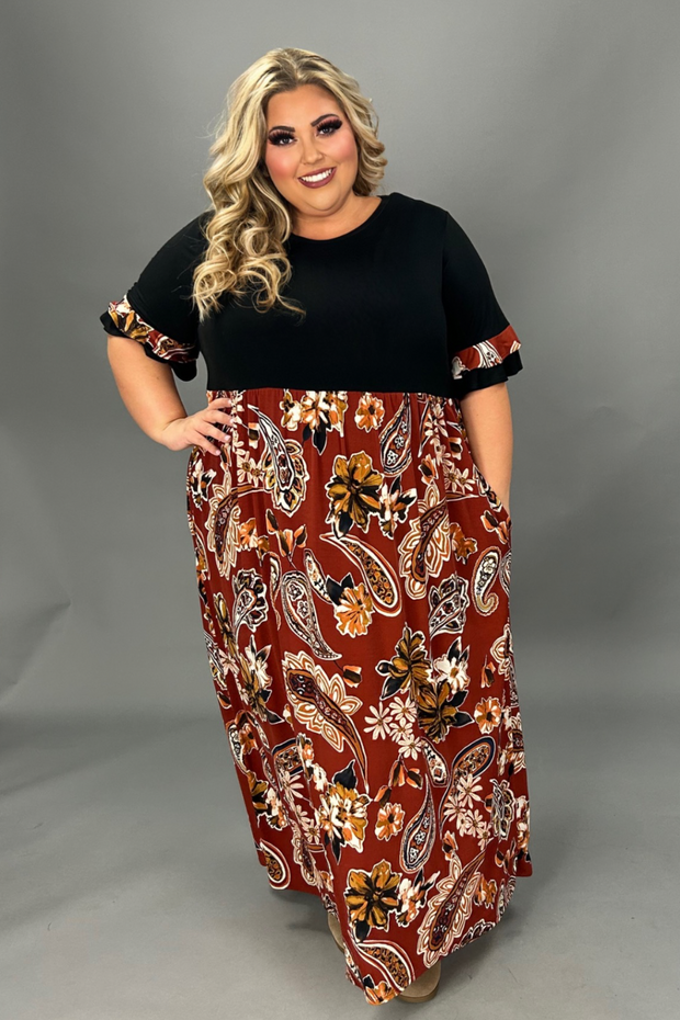 LD-M {Just A Glimmer} Black/Rust Floral Paisley Maxi Dress EXTENDED PLUS SIZE 3X 4X 5X