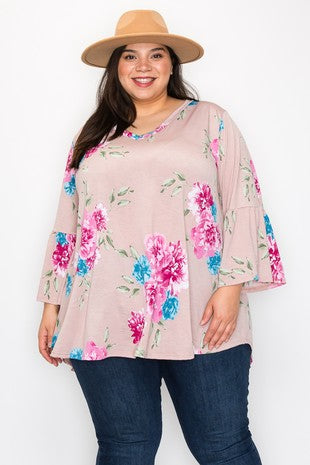 89 PQ {Loving Myself}  SALE! Mauve/Pink Floral V-Neck Top EXTENDED PLUS SIZE 3X 4X 5X