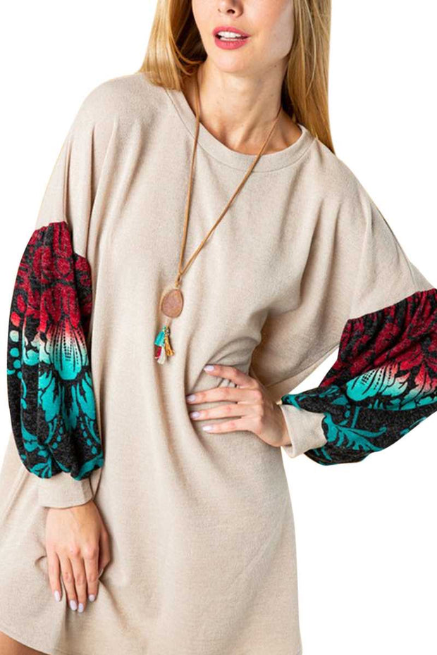CP-O {My Best Mood} Tan Teal Red Print Sleeve Knit Top PLUS SIZE XL 2X 3X