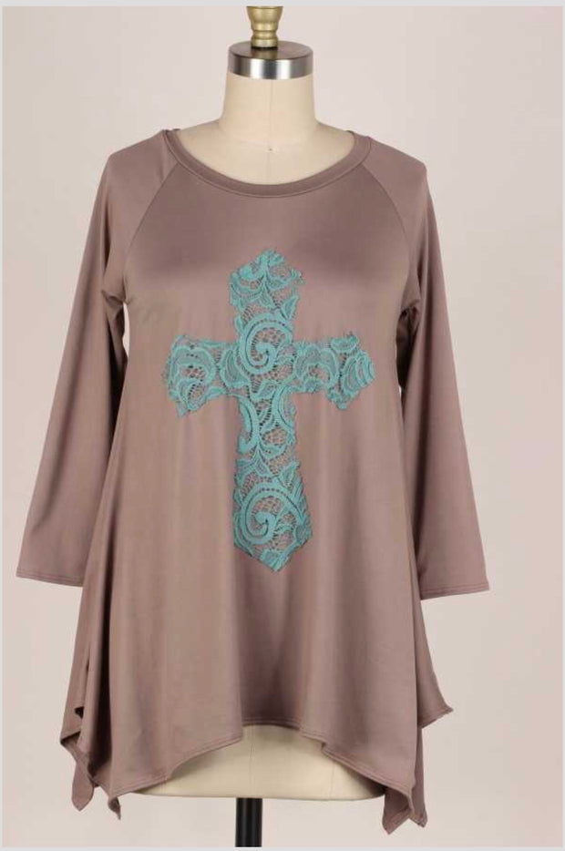 32 GT-B {Don't Cross Me} Mocha Teal Cross Detail Top PLUS SIZE XL 2X 3X