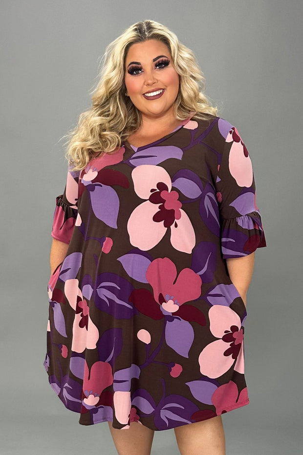 25 PQ {Join In The Fun} Brown/Purple Large Floral Print Dress PLUS SIZE XL 2X 3X