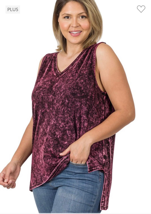 44 SV-G {Ease Along} Dark Burgundy Mineral Wash Sleeveless Top PLUS SIZE 1X 2X 3X