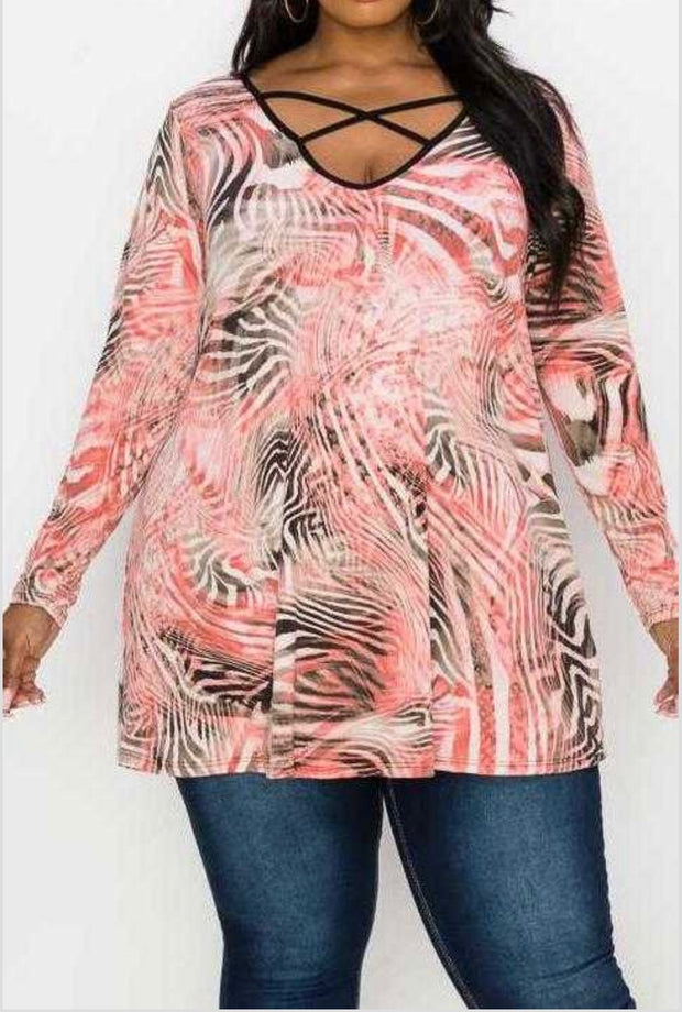 26 CP-E {Zoned For Beauty} Pink Print  Criss-Cross Tunic EXTENDED PLUS SIZE 4X 5X 6X