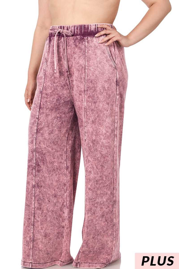 LEG-73 {Dressing For Me} Burgundy Acid Wash Wide Leg Joggers PLUS SIZE 1X 2X 3X