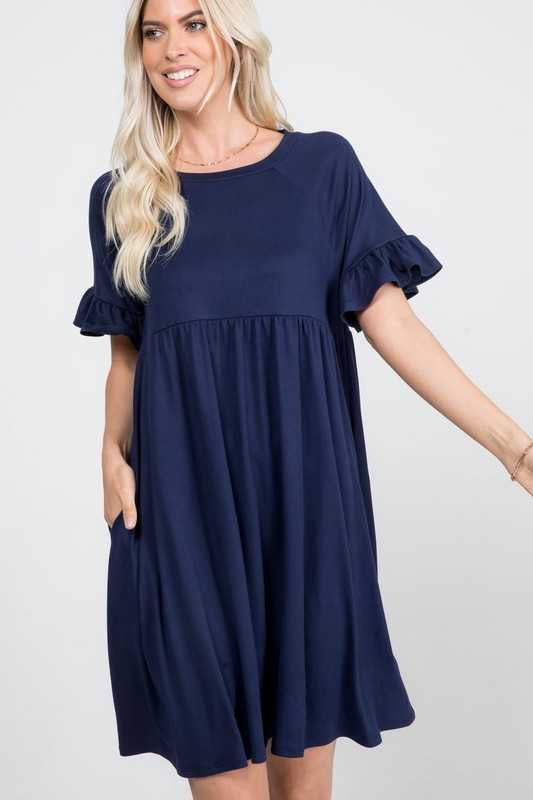 20 SSS-L {My Own Time} Navy Babydoll Ruffle Sleeve Dress PLUS SIZE 1X 2X 3X