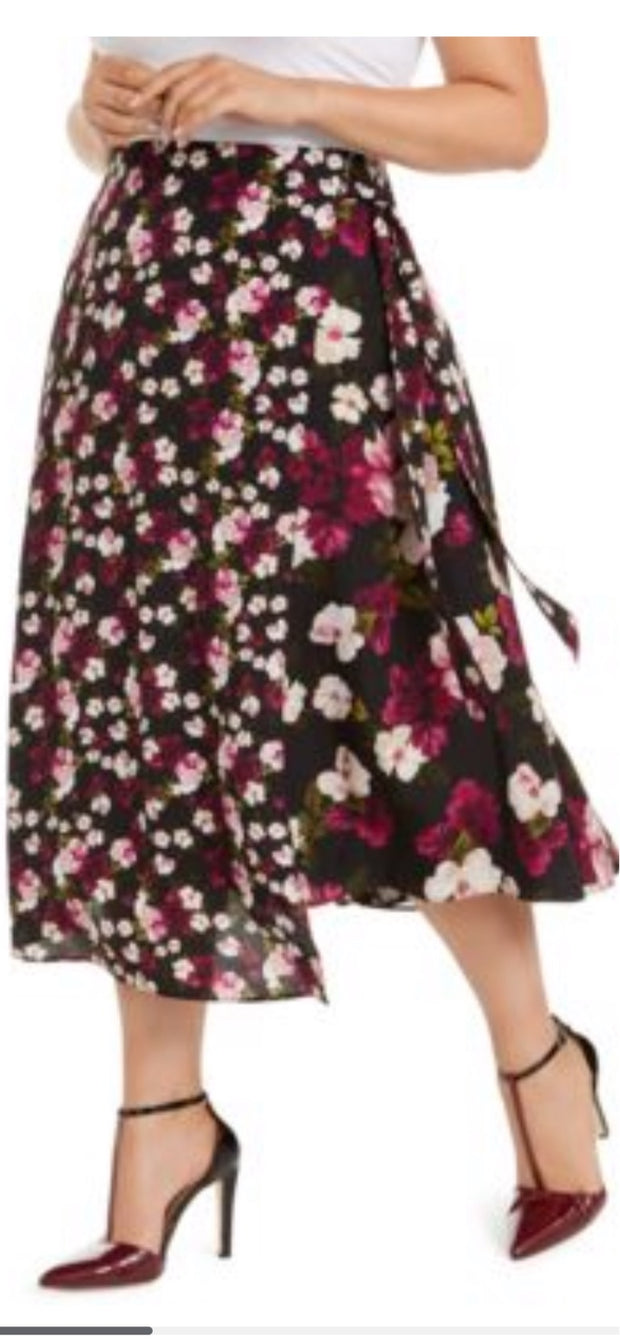 BT-Z  M-109 [Calvin Klein} Black Floral Wrap Skirt Retail $99.50 PLUS SIZE 14W 16W 18W 20W 22W