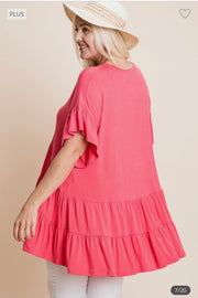 58 SSS-A {Take Me To Town} Coral Button Up Tiered Tunic PLUS SIZE 1X 2X 3X