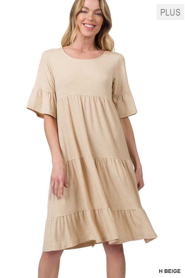 11 SSS-H {All The Buzz} H. Beige Tiered Ruffle Sleeve Dress PLUS SIZE 1X 2X 3X