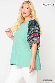 54 CP-A {Aqua Garden} Aqua Tunic w Floral Sleeves Plus Size XL 2X 3X