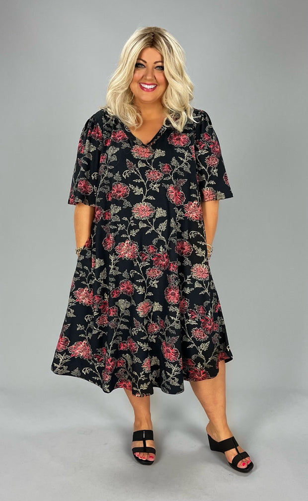 86 PSS-C {Soulful Looks} Black w/ Red Floral Print Dress EXTENDED PLUS SIZES 3X 4X 5X