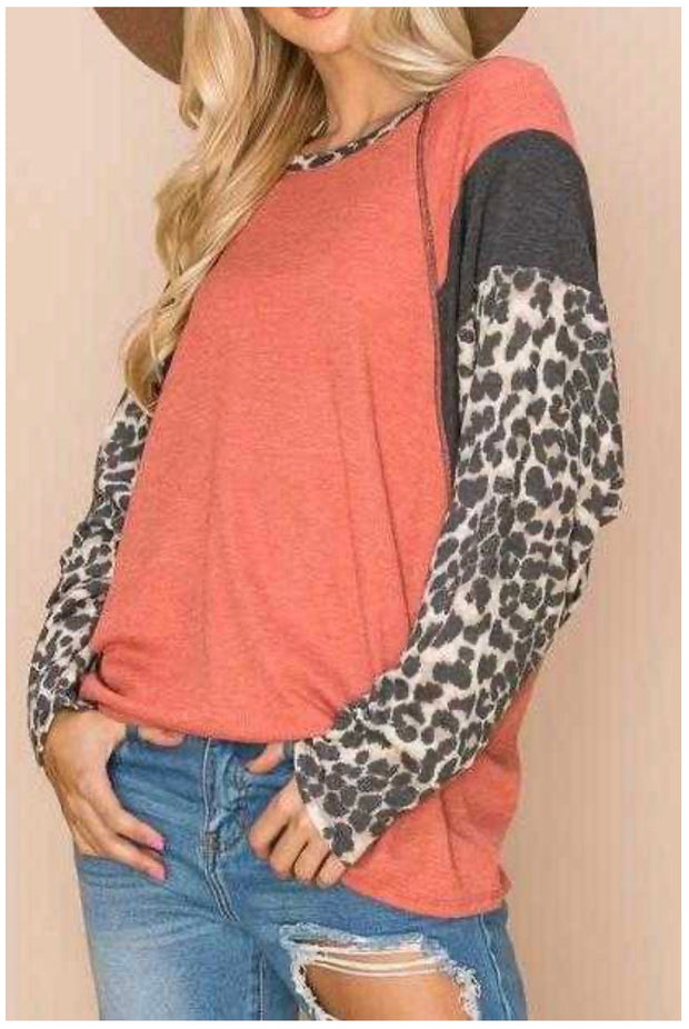 CP-G {Every Adventure} ***FLASH SALE***Orange Grey Leopard Waffle Knit Top PLUS SIZE XL 2X 3X 4X 5X 6X