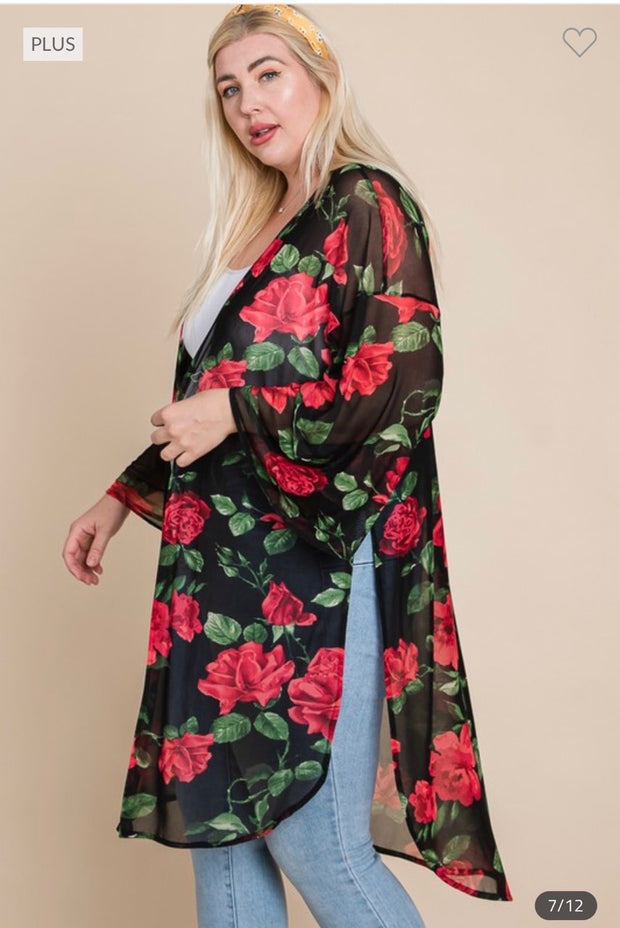 LD-T {The Rose Wins} Black/Red Rose Print Kimono PLUS SIZE 1X 2X 3X