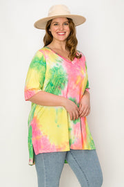 58 PSS {True Meaning} Pink/Green Tie Dye V-Neck Tunic CURVY BRAND!!!  EXTENDED PLUS SIZE 4X 5X 6X