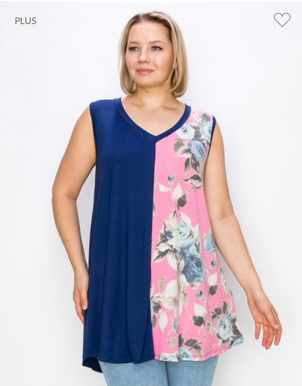 76 SV-I {Touch of Floral} Navy Pink Floral Contrast Top EXTENDED PLUS SIZE 3X 4X 5X